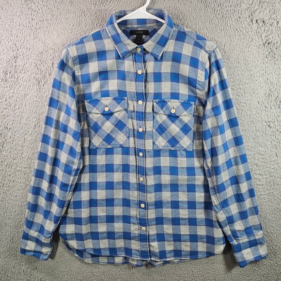 J. Crew Tops - J Crew Women‎ Size 6 Blue Grey Plaid Flannel Button Up Shirt Long Sleeve Cotton
